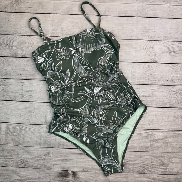CUPSHE NWT Green & White Floral Print Shirred Cutout One Piece Swim Suit Medium - Picture 5 of 10